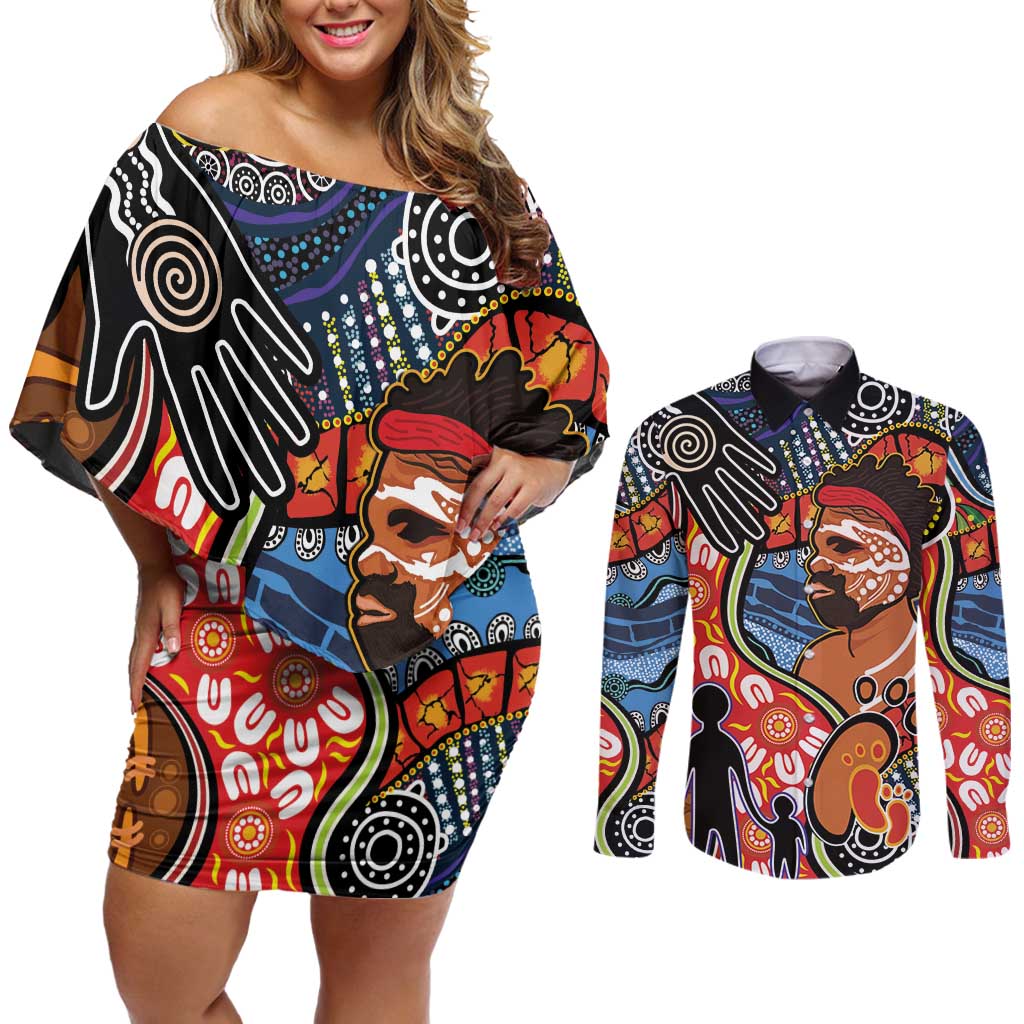 Dad and Son Footprint Father's Day Personalised Couples Matching Off Shoulder Short Dress and Long Sleeve Button Shirt Australian Aboriginal Art