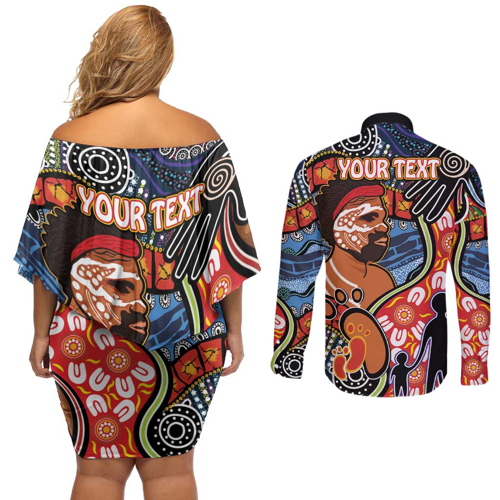 Dad and Son Footprint Father's Day Personalised Couples Matching Off Shoulder Short Dress and Long Sleeve Button Shirt Australian Aboriginal Art