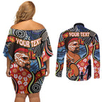 Dad and Son Footprint Father's Day Personalised Couples Matching Off Shoulder Short Dress and Long Sleeve Button Shirt Australian Aboriginal Art