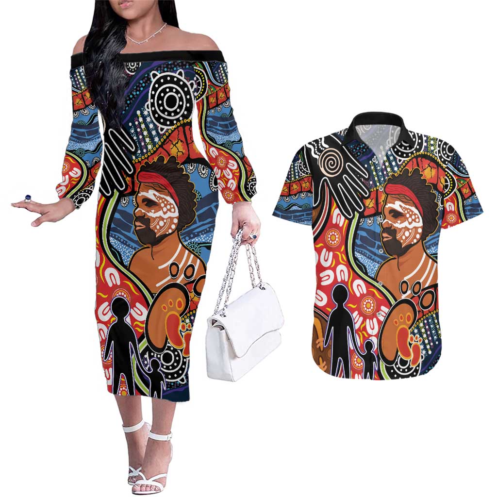 Dad and Son Footprint Father's Day Personalised Couples Matching Off The Shoulder Long Sleeve Dress and Hawaiian Shirt Australian Aboriginal Art