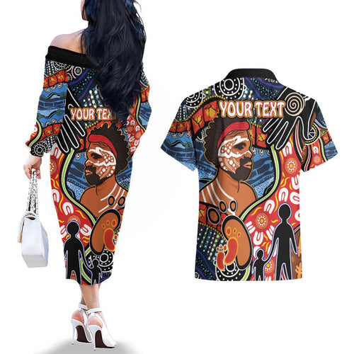 Dad and Son Footprint Father's Day Personalised Couples Matching Off The Shoulder Long Sleeve Dress and Hawaiian Shirt Australian Aboriginal Art