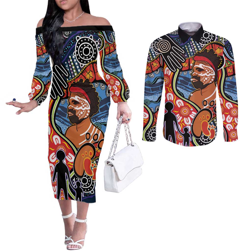 Dad and Son Footprint Father's Day Personalised Couples Matching Off The Shoulder Long Sleeve Dress and Long Sleeve Button Shirt Australian Aboriginal Art