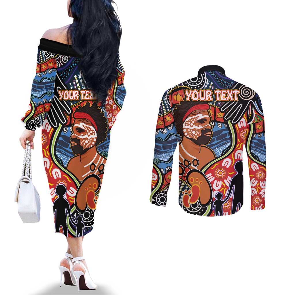 Dad and Son Footprint Father's Day Personalised Couples Matching Off The Shoulder Long Sleeve Dress and Long Sleeve Button Shirt Australian Aboriginal Art