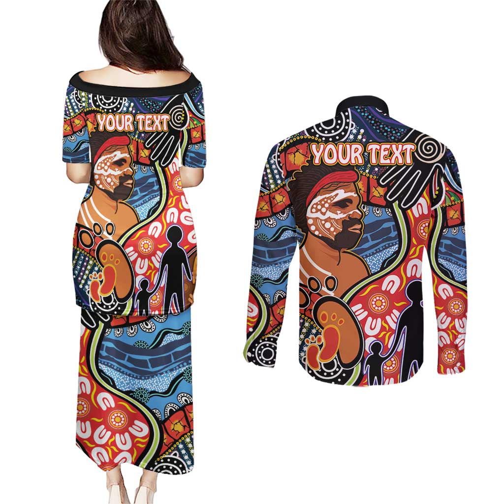 Dad and Son Footprint Father's Day Personalised Couples Matching Puletasi and Long Sleeve Button Shirt Australian Aboriginal Art