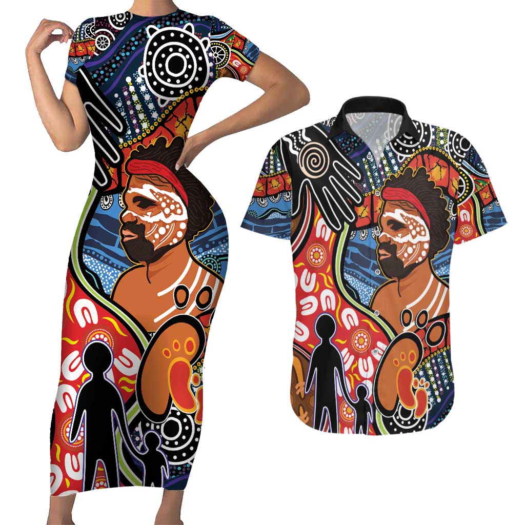 Dad and Son Footprint Father's Day Personalised Couples Matching Short Sleeve Bodycon Dress and Hawaiian Shirt Australian Aboriginal Art