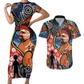 Dad and Son Footprint Father's Day Personalised Couples Matching Short Sleeve Bodycon Dress and Hawaiian Shirt Australian Aboriginal Art
