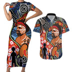 Dad and Son Footprint Father's Day Personalised Couples Matching Short Sleeve Bodycon Dress and Hawaiian Shirt Australian Aboriginal Art