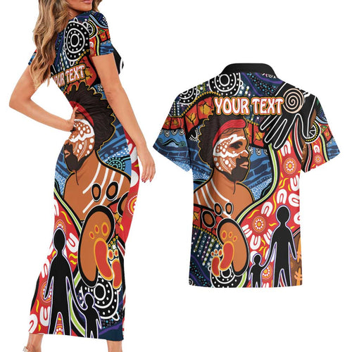 Dad and Son Footprint Father's Day Personalised Couples Matching Short Sleeve Bodycon Dress and Hawaiian Shirt Australian Aboriginal Art