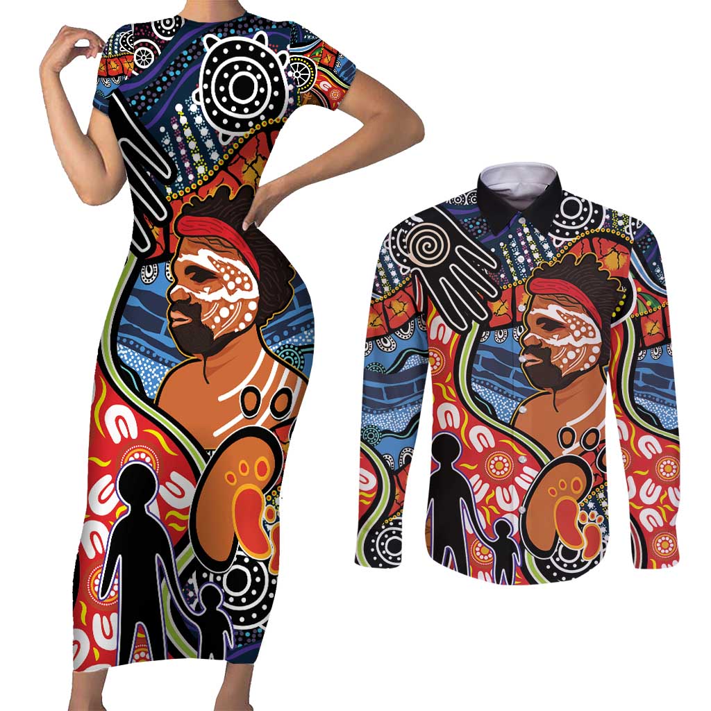 Dad and Son Footprint Father's Day Personalised Couples Matching Short Sleeve Bodycon Dress and Long Sleeve Button Shirt Australian Aboriginal Art