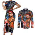 Dad and Son Footprint Father's Day Personalised Couples Matching Short Sleeve Bodycon Dress and Long Sleeve Button Shirt Australian Aboriginal Art