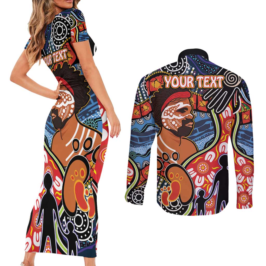Dad and Son Footprint Father's Day Personalised Couples Matching Short Sleeve Bodycon Dress and Long Sleeve Button Shirt Australian Aboriginal Art