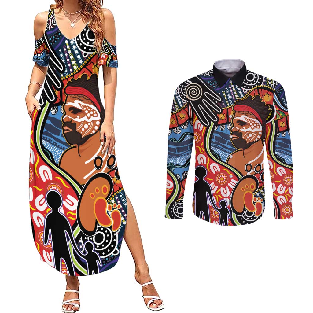 Dad and Son Footprint Father's Day Personalised Couples Matching Summer Maxi Dress and Long Sleeve Button Shirt Australian Aboriginal Art