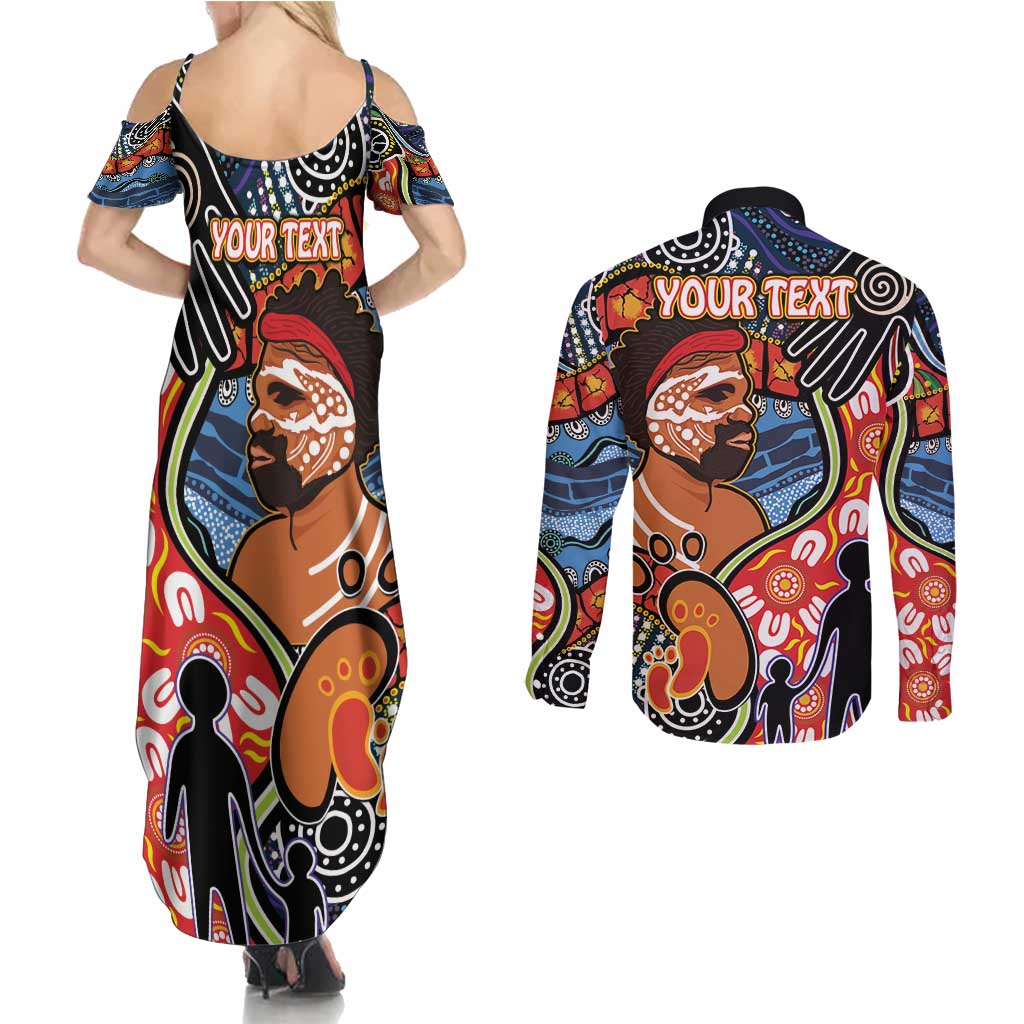 Dad and Son Footprint Father's Day Personalised Couples Matching Summer Maxi Dress and Long Sleeve Button Shirt Australian Aboriginal Art