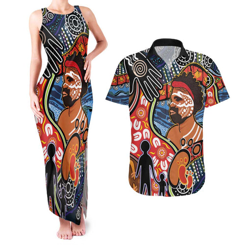 Dad and Son Footprint Father's Day Personalised Couples Matching Tank Maxi Dress and Hawaiian Shirt Australian Aboriginal Art
