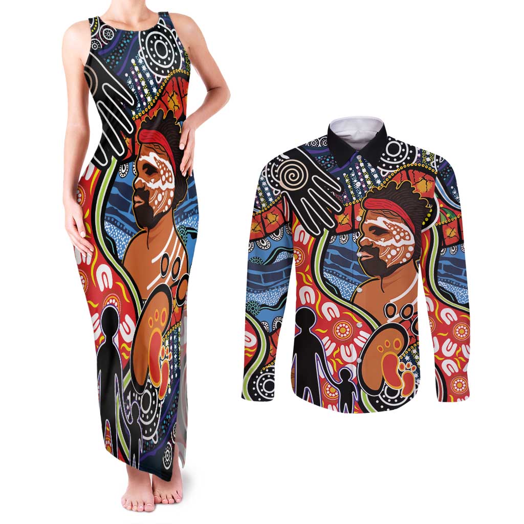 Dad and Son Footprint Father's Day Personalised Couples Matching Tank Maxi Dress and Long Sleeve Button Shirt Australian Aboriginal Art
