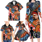 Dad and Son Footprint Father's Day Personalised Family Matching Long Sleeve Bodycon Dress and Hawaiian Shirt Australian Aboriginal Art