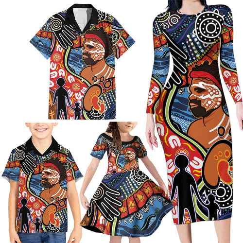 Dad and Son Footprint Father's Day Personalised Family Matching Long Sleeve Bodycon Dress and Hawaiian Shirt Australian Aboriginal Art