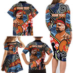 Dad and Son Footprint Father's Day Personalised Family Matching Long Sleeve Bodycon Dress and Hawaiian Shirt Australian Aboriginal Art