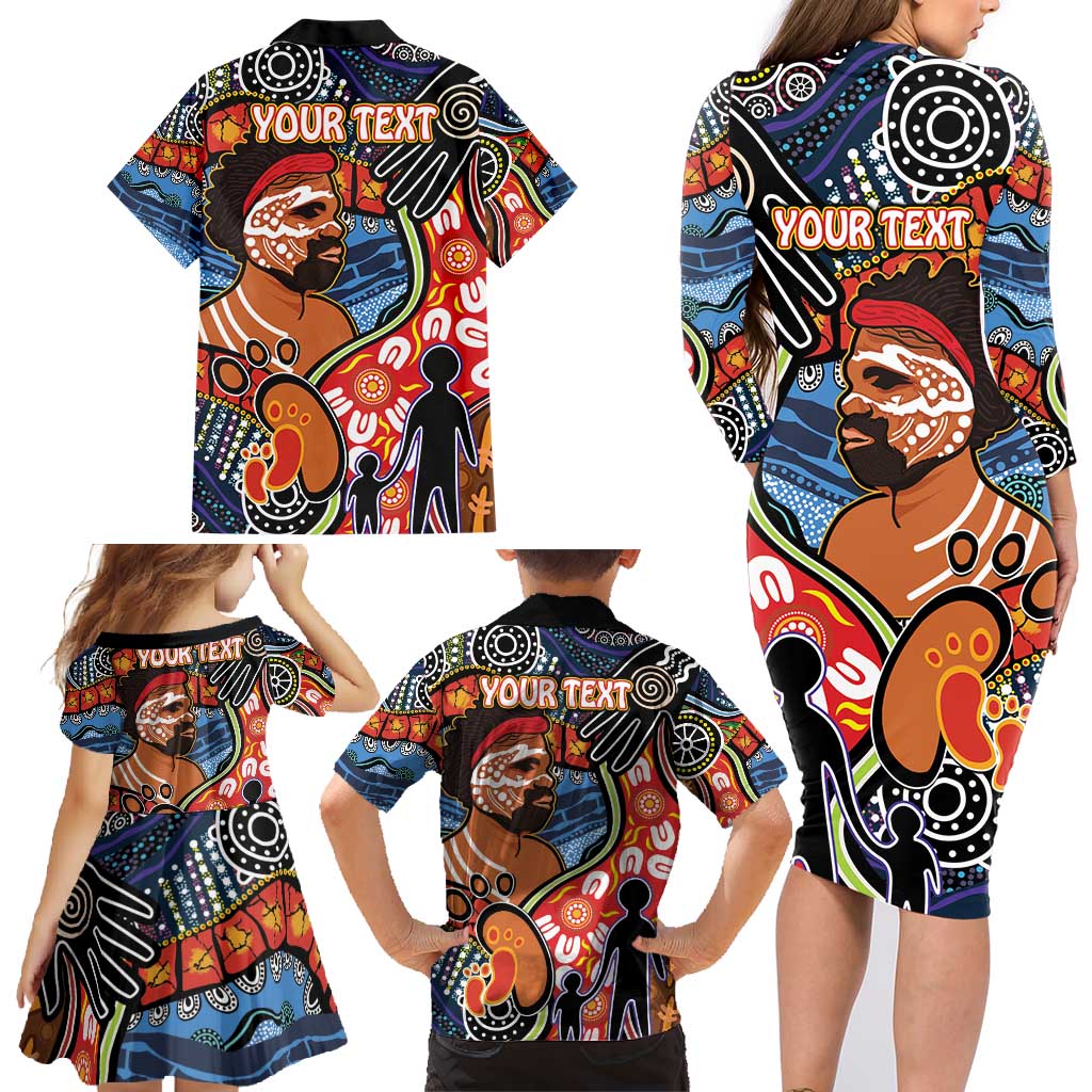 Dad and Son Footprint Father's Day Personalised Family Matching Long Sleeve Bodycon Dress and Hawaiian Shirt Australian Aboriginal Art