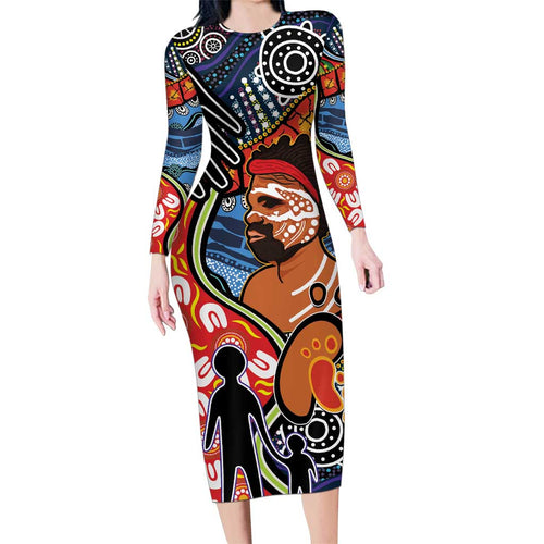 Dad and Son Footprint Father's Day Personalised Family Matching Long Sleeve Bodycon Dress and Hawaiian Shirt Australian Aboriginal Art