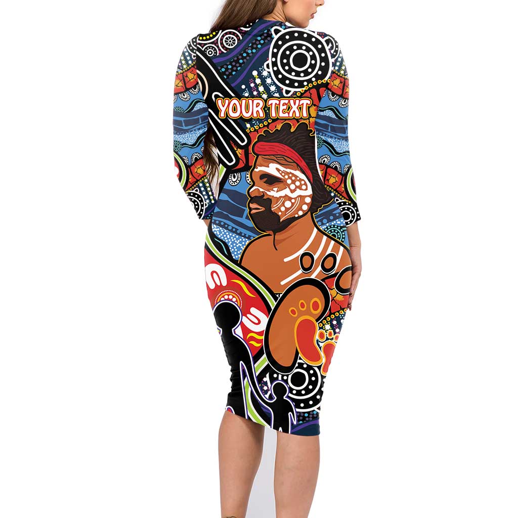 Dad and Son Footprint Father's Day Personalised Family Matching Long Sleeve Bodycon Dress and Hawaiian Shirt Australian Aboriginal Art