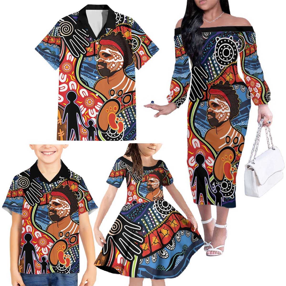 Dad and Son Footprint Father's Day Personalised Family Matching Off The Shoulder Long Sleeve Dress and Hawaiian Shirt Australian Aboriginal Art