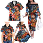 Dad and Son Footprint Father's Day Personalised Family Matching Off The Shoulder Long Sleeve Dress and Hawaiian Shirt Australian Aboriginal Art