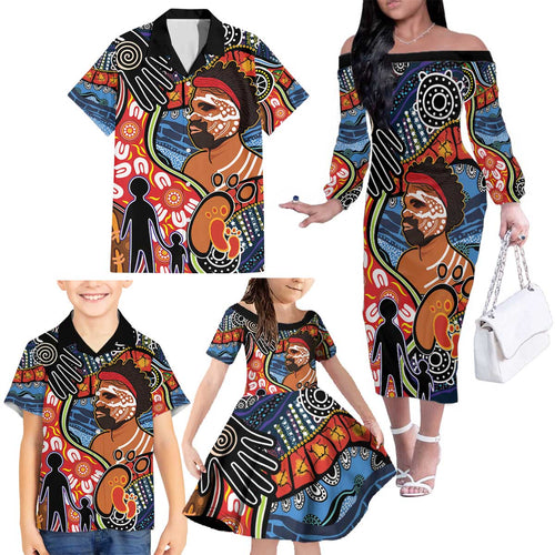 Dad and Son Footprint Father's Day Personalised Family Matching Off The Shoulder Long Sleeve Dress and Hawaiian Shirt Australian Aboriginal Art