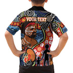 Dad and Son Footprint Father's Day Personalised Family Matching Off The Shoulder Long Sleeve Dress and Hawaiian Shirt Australian Aboriginal Art