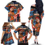 Dad and Son Footprint Father's Day Personalised Family Matching Off The Shoulder Long Sleeve Dress and Hawaiian Shirt Australian Aboriginal Art