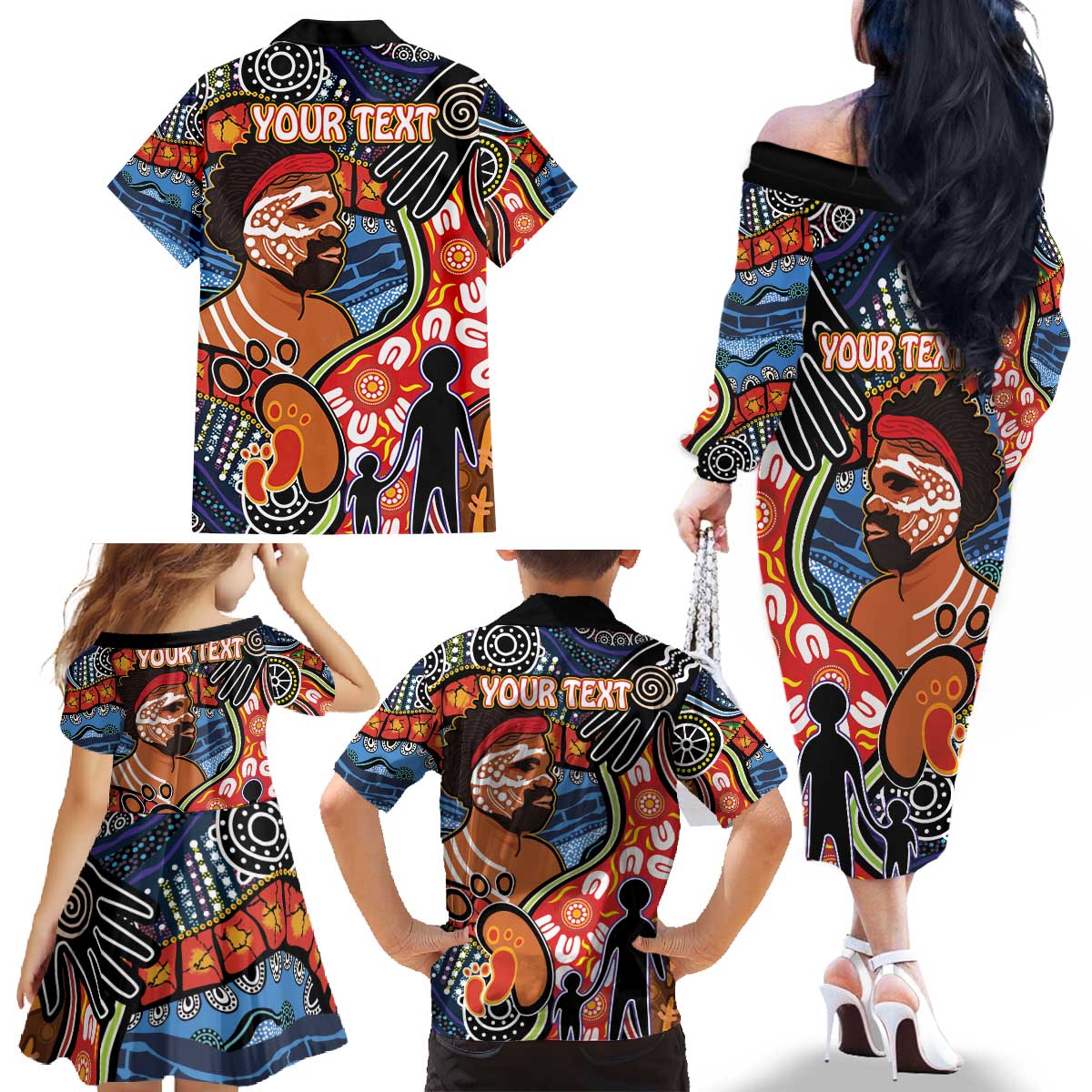 Dad and Son Footprint Father's Day Personalised Family Matching Off The Shoulder Long Sleeve Dress and Hawaiian Shirt Australian Aboriginal Art