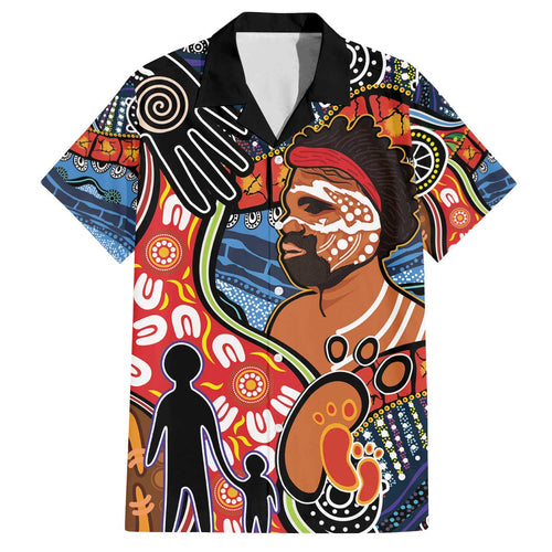 Dad and Son Footprint Father's Day Personalised Family Matching Off The Shoulder Long Sleeve Dress and Hawaiian Shirt Australian Aboriginal Art