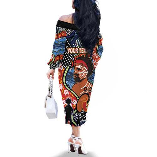 Dad and Son Footprint Father's Day Personalised Family Matching Off The Shoulder Long Sleeve Dress and Hawaiian Shirt Australian Aboriginal Art