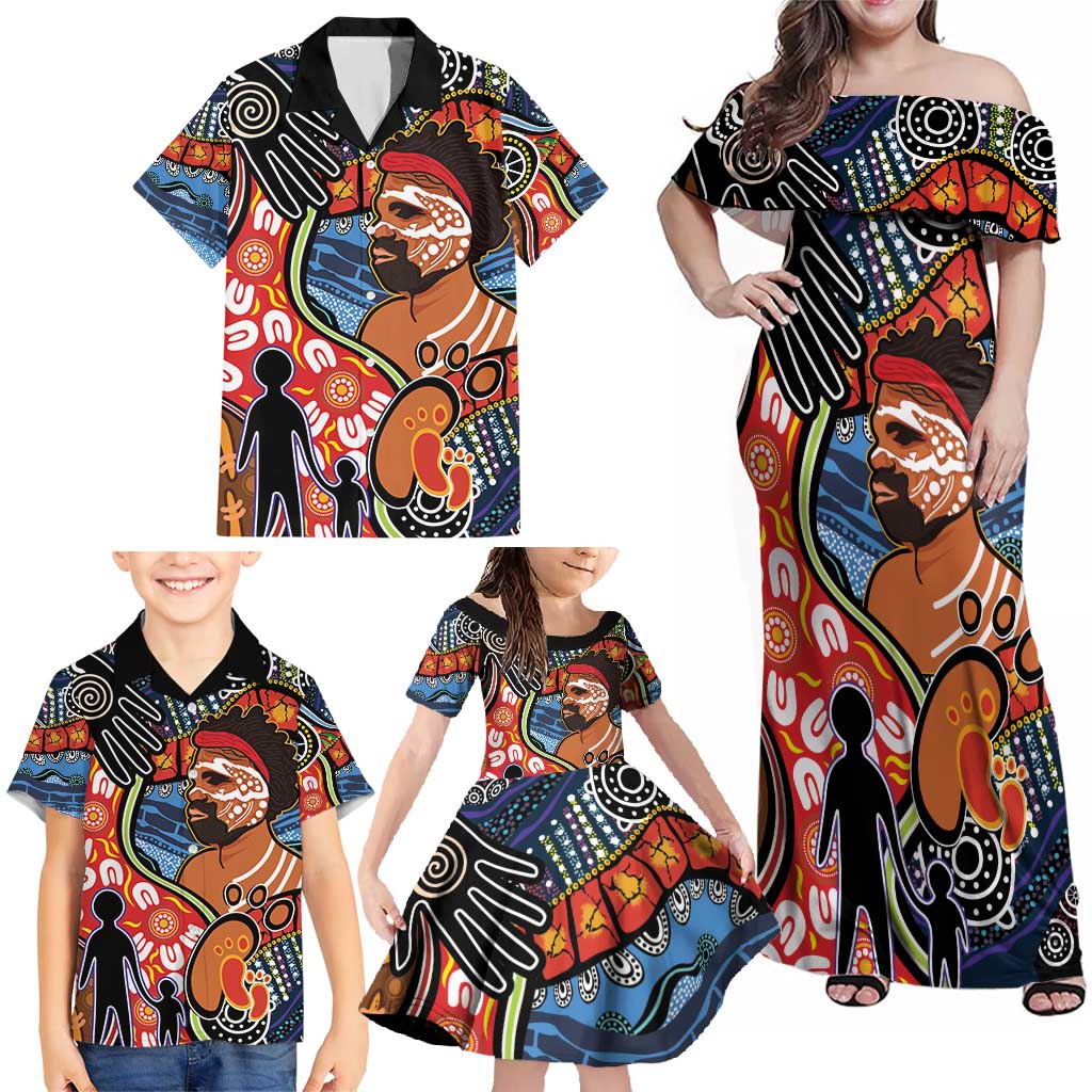 Dad and Son Footprint Father's Day Personalised Family Matching Off Shoulder Maxi Dress and Hawaiian Shirt Australian Aboriginal Art