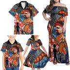 Dad and Son Footprint Father's Day Personalised Family Matching Off Shoulder Maxi Dress and Hawaiian Shirt Australian Aboriginal Art