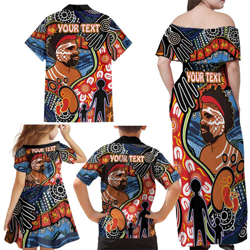 Dad and Son Footprint Father's Day Personalised Family Matching Off Shoulder Maxi Dress and Hawaiian Shirt Australian Aboriginal Art