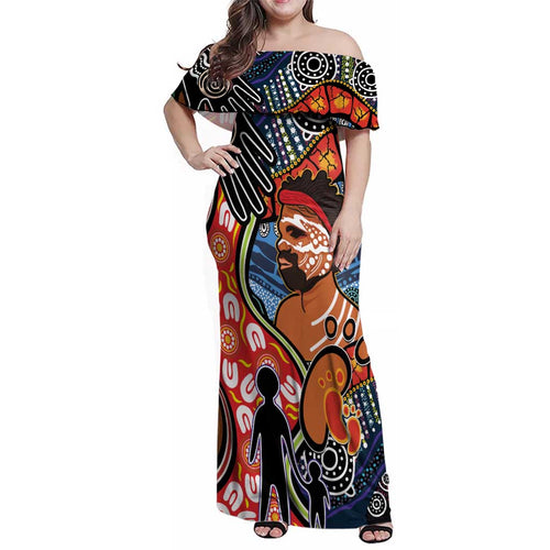 Dad and Son Footprint Father's Day Personalised Family Matching Off Shoulder Maxi Dress and Hawaiian Shirt Australian Aboriginal Art