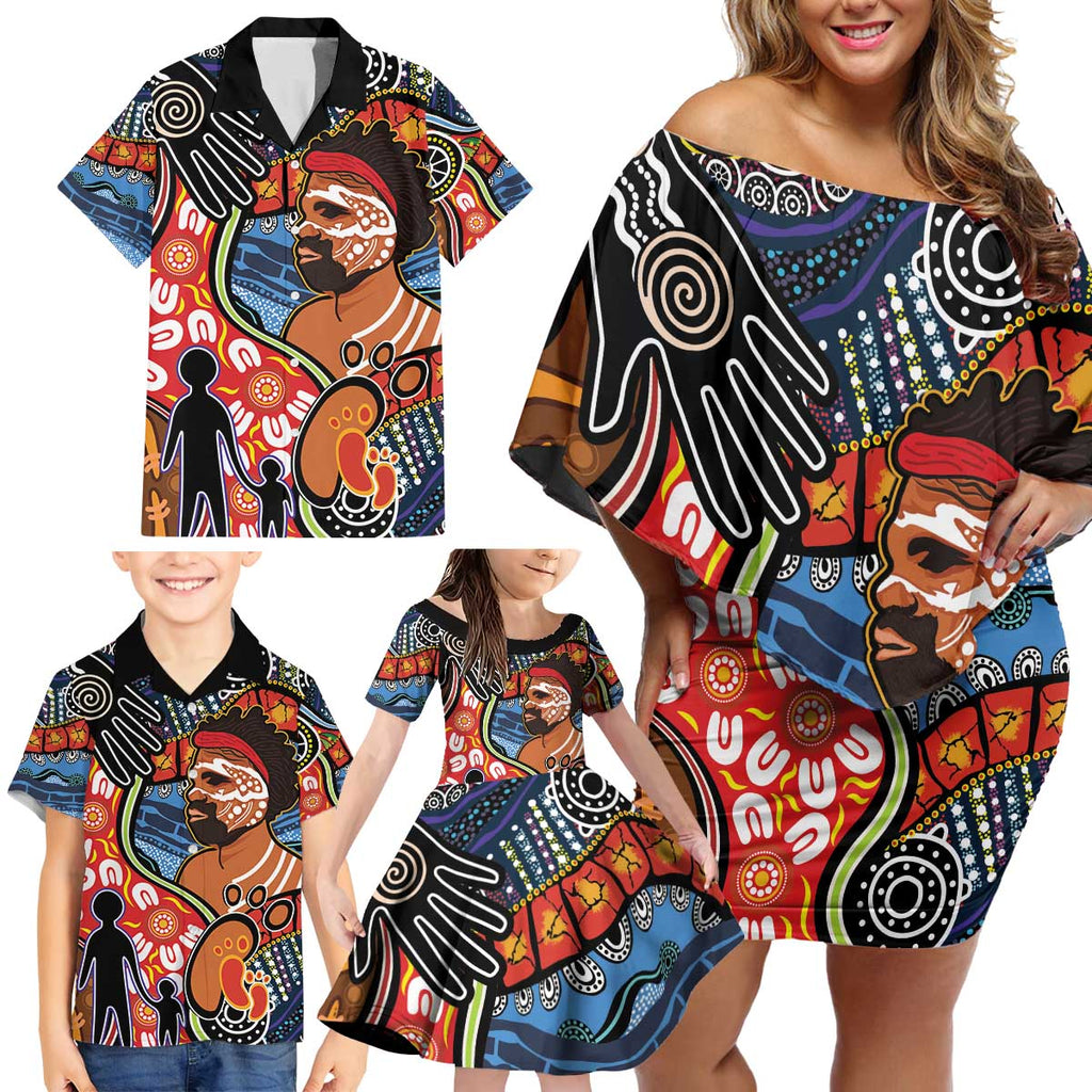 Dad and Son Footprint Father's Day Personalised Family Matching Off Shoulder Short Dress and Hawaiian Shirt Australian Aboriginal Art