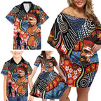Dad and Son Footprint Father's Day Personalised Family Matching Off Shoulder Short Dress and Hawaiian Shirt Australian Aboriginal Art