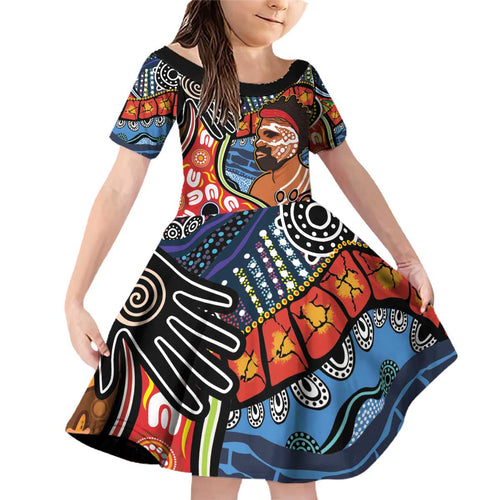 Dad and Son Footprint Father's Day Personalised Family Matching Off Shoulder Short Dress and Hawaiian Shirt Australian Aboriginal Art