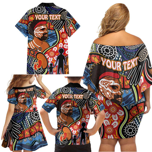 Dad and Son Footprint Father's Day Personalised Family Matching Off Shoulder Short Dress and Hawaiian Shirt Australian Aboriginal Art