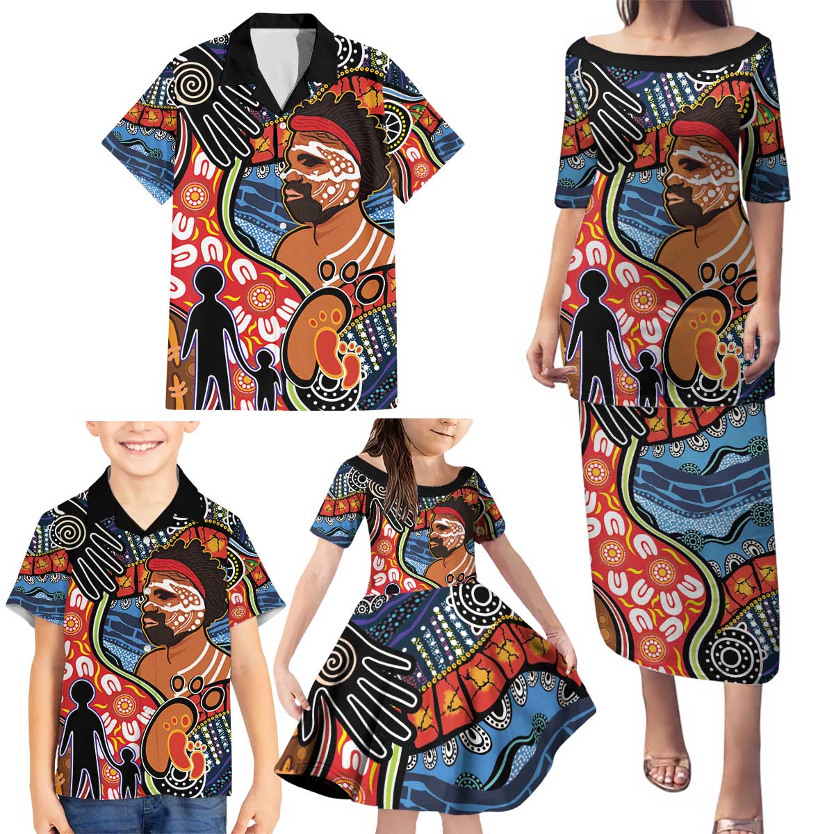 Dad and Son Footprint Father's Day Personalised Family Matching Puletasi and Hawaiian Shirt Australian Aboriginal Art