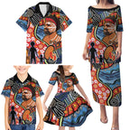 Dad and Son Footprint Father's Day Personalised Family Matching Puletasi and Hawaiian Shirt Australian Aboriginal Art