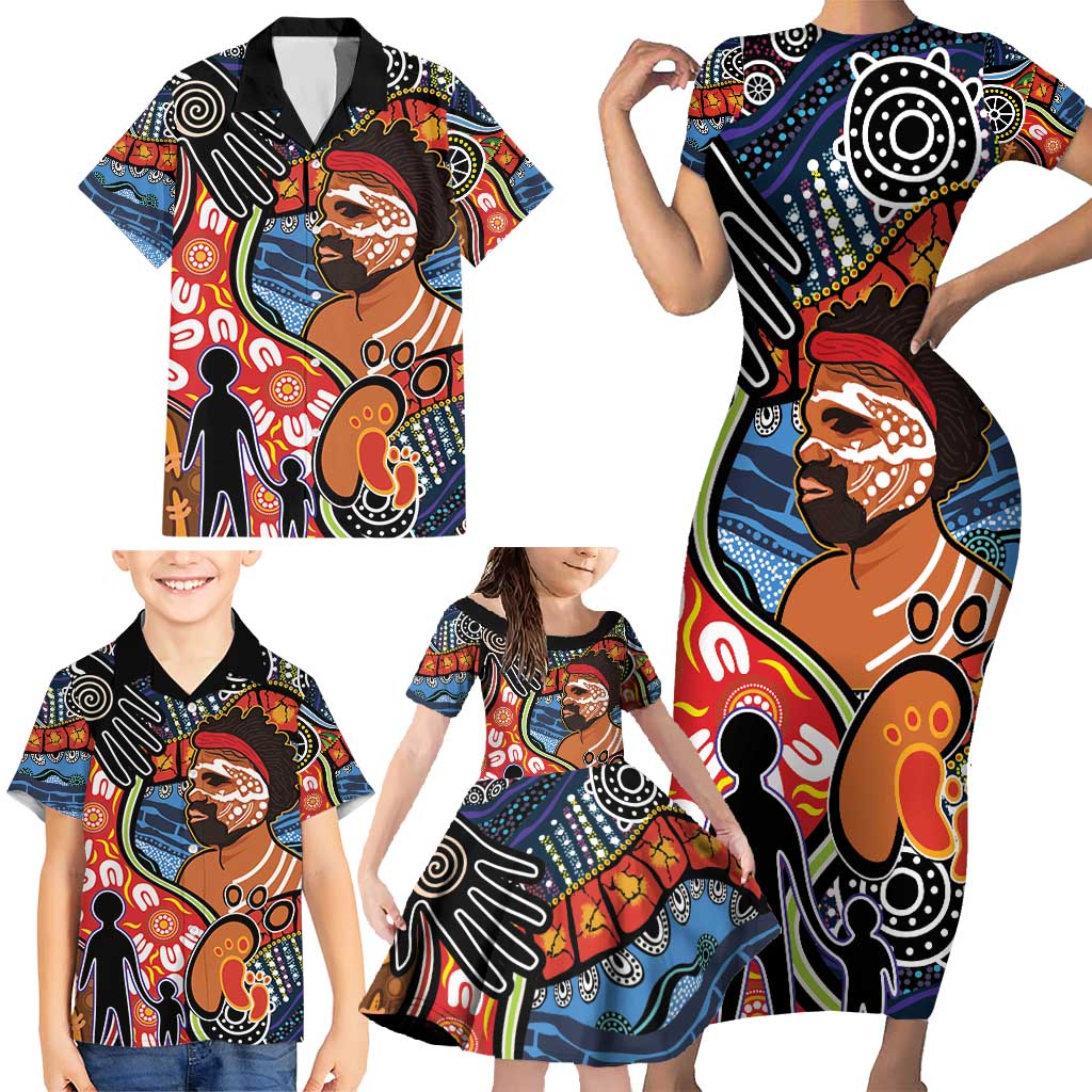 Dad and Son Footprint Father's Day Personalised Family Matching Short Sleeve Bodycon Dress and Hawaiian Shirt Australian Aboriginal Art