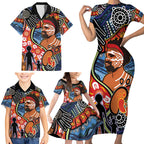 Dad and Son Footprint Father's Day Personalised Family Matching Short Sleeve Bodycon Dress and Hawaiian Shirt Australian Aboriginal Art