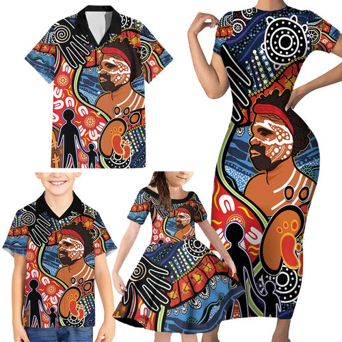 Dad and Son Footprint Father's Day Personalised Family Matching Short Sleeve Bodycon Dress and Hawaiian Shirt Australian Aboriginal Art