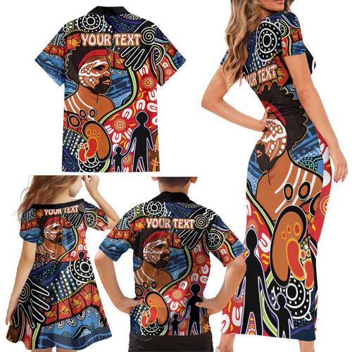 Dad and Son Footprint Father's Day Personalised Family Matching Short Sleeve Bodycon Dress and Hawaiian Shirt Australian Aboriginal Art