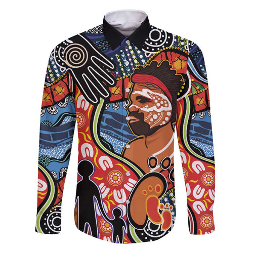 Dad and Son Footprint Father's Day Personalised Family Matching Short Sleeve Bodycon Dress and Hawaiian Shirt Australian Aboriginal Art
