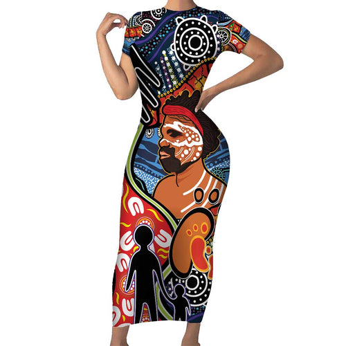 Dad and Son Footprint Father's Day Personalised Family Matching Short Sleeve Bodycon Dress and Hawaiian Shirt Australian Aboriginal Art