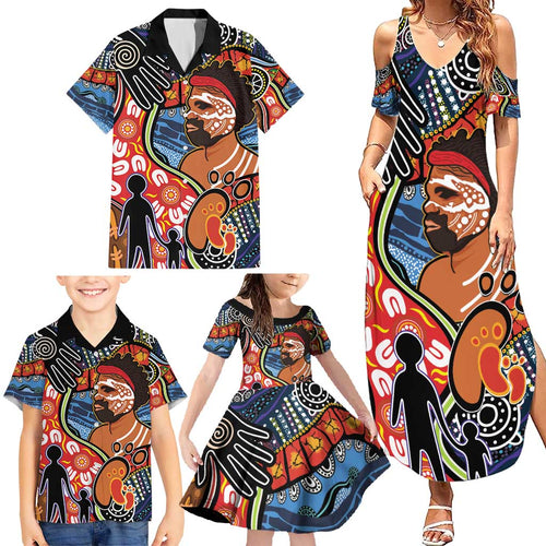 Dad and Son Footprint Father's Day Personalised Family Matching Summer Maxi Dress and Hawaiian Shirt Australian Aboriginal Art